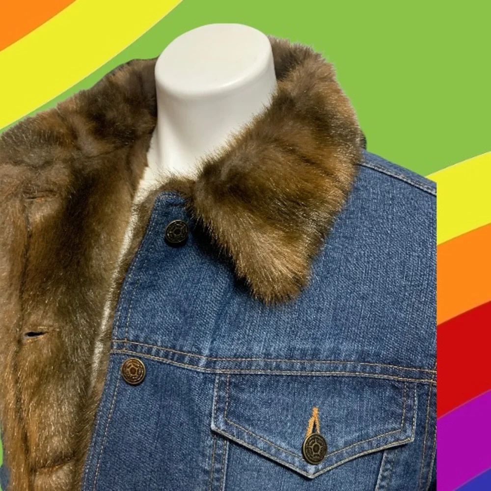 Vintage Marvin Richards Denim Jean Jacket Faux Fur - Picture 4 of 8
